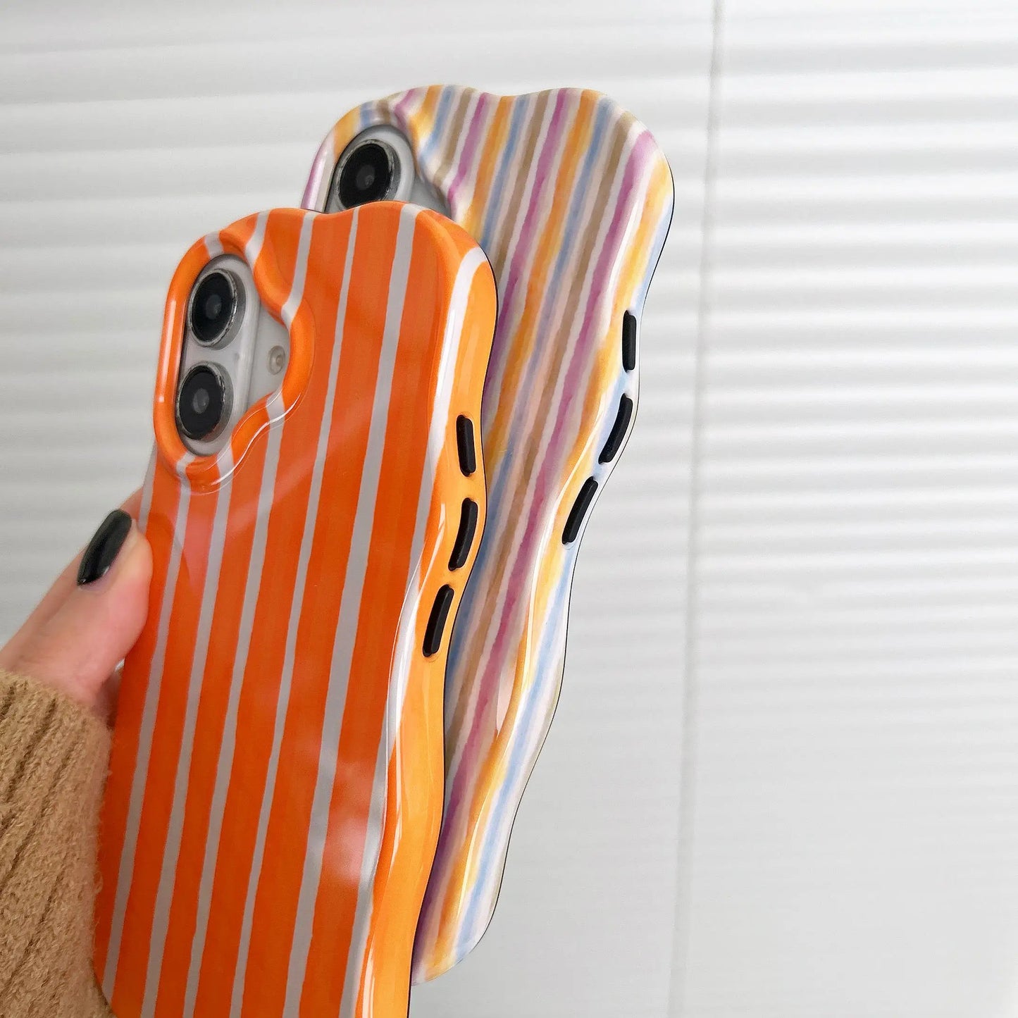 Fashion 2 in 1 Glossy Stripes Phone Case for iPhone 13 14 15 16 Pro Max Wave Edges Comfortable Touch Hard Slim Back Cover Shell