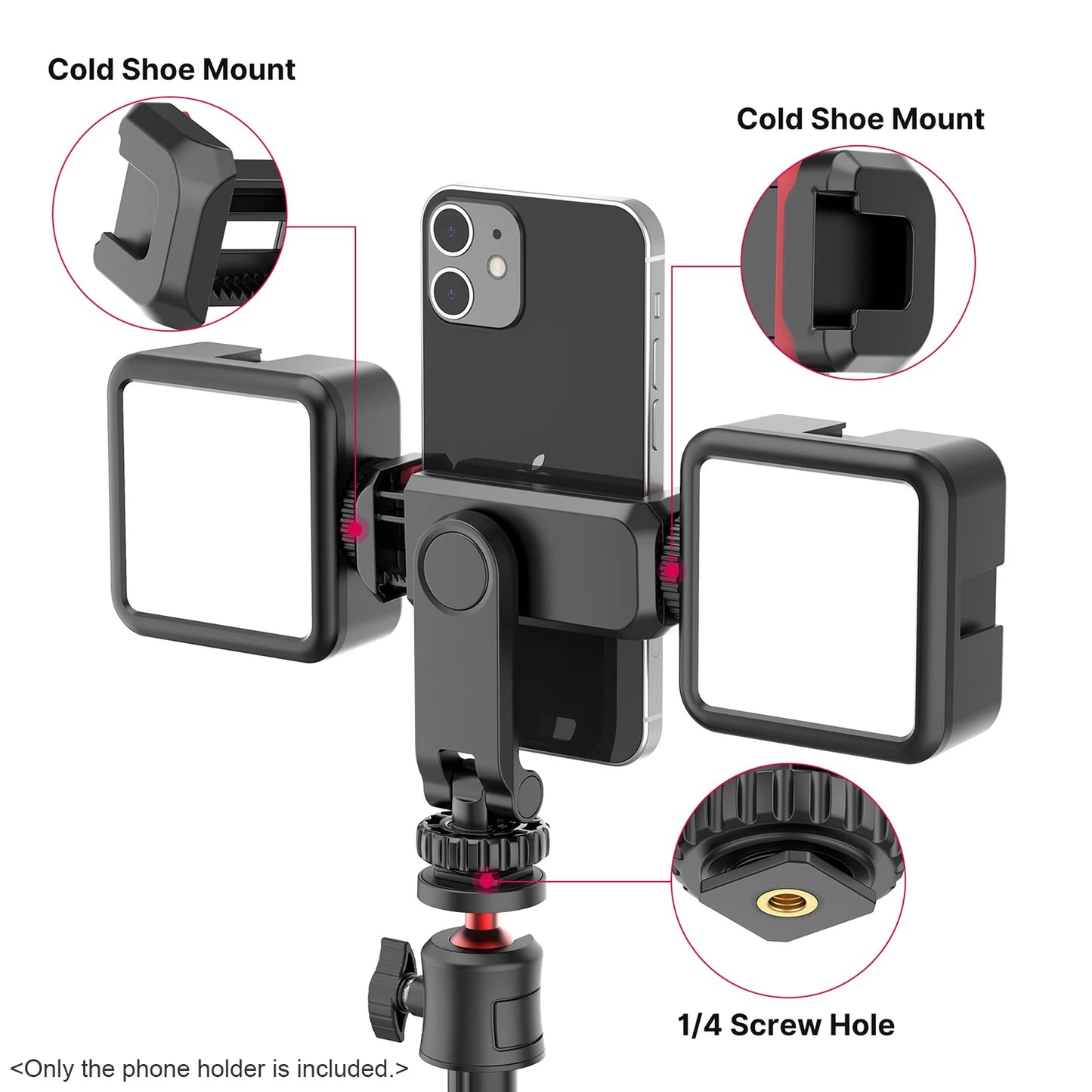 Multi-functional Phone Holder Clamp Phone Tripod Mount Rotatable with Dual Cold Shoe Mounts for Smartphone Vlog